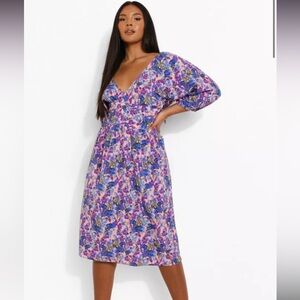 Boohoo Plus Purple Pink Floral V-Neck Puff Sleeve Midi Dress